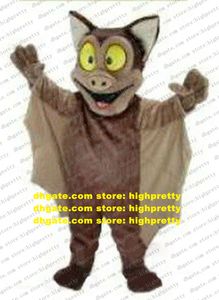 Divertido traje de mascota de murciélago marrón BugBat tamaño adulto con grandes orejas triangulares marrones blancas grandes ojos amarillos brillantes sonrisa No.6529
