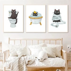 Cartel de cartel de inodoro de gato divertido e impresiones animales de dibujos animados divertidos pintura en lienzo arte de pared baño decoración de baño decoración del hogar imagen Wo6