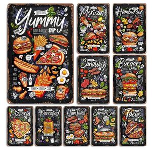 Funny Fast Food Tin Sign Sandwich Metal Poster Hamburger Pizza Vintage Yard Garden Wall Art Plaques Home Kitchen Restaurant Coffee Shop Custom Wall Decor 30X20CM w01