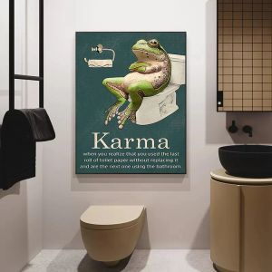 Frogs drôle assis sur des toilettes karma cite affiche toile peinture de papier toilette art mural rétro pour salle de bain de salle de bain décoration intérieure