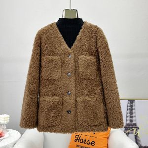 Abrigos de lana de cordero con cuello en V para mujer, chaqueta de piel de oveja, abrigo cálido, Parka JT3357, invierno 2023