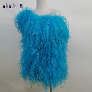 Nuevo estilo de piel 100% pelo de avestruz natural, vestido de diseño sexy con un hombro, abrigo de piel para mujer, vestido con hombros descubiertos y pecho bajo, minifalda