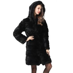 Vraie Vraie Rabbit Matel avec capuche Vente de capuche à long style hiver pour femmes en cuir naturel de luxe noir épais