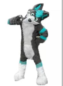 Fursuit Disfraz de mascota Husky de lobo gris de pelo largo, vestido de fiesta elegante de Navidad de Halloween, traje de personaje de dibujos animados, traje de Carnaval unisex para adultos