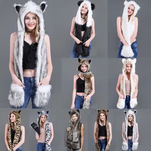 Flou moelleux femmes hiver Animal loup chat oreille chapeau bonnets avec mitaines gants en peluche bonnet 240127