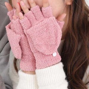 Fuzzy mujeres cálidos guantes solapa medio dedo guantes adulto señora niñas grueso coral polar escritura manopla de trabajo calentador de manos suave difuso guante