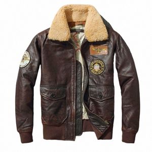 G1 Chaqueta de cuero de piloto gruesa para hombre Vintage Marrón Abrigo suelto Cuello de lana Chaqueta de bombardero militar clásica 100% Cuero de vaca natural y5VQ #