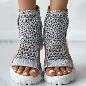 GAI GAI GAI femmes tressé géométrique coin tricoté élastique été maille sandales plates creux femme plate-forme chaussures 230807