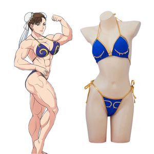 Jeu Chun Li Cosplay bleu Bikini costume Street Fighter japonais combattant Chunli Sexy maillot de bain vêtements de plage ensemble de fête d'Halloween