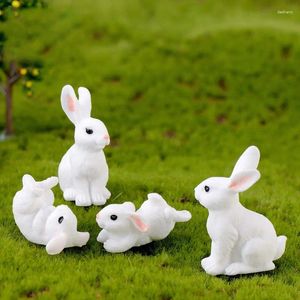 Decoraciones de jardín Figuras de conejos blancos Conjunto de 4 mini bonsái plantas en macetas Accesorio de decoración para accesorios de decoración de césped interior y exterior