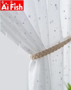Cortina textil para el hogar y jardín, cortinas de tul con estrella plateada brillante blanca, sala de estar moderna, hilo que combina con todo, cortinas transparentes para ventana B9672109