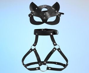 Garters Women Bondage Body Body Arness Lingerie Goth Crops Cage Cage Bra de cuero con máscaras Rave Wear for Sex Set2212029