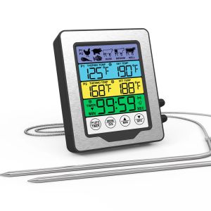 Medidores Termómetro digital para alimentos y carne Termómetro de cocina Sonda dual Retroiluminación LCD Función de temporizador para cocinar Parrilla Ahumador Horno Barbacoa