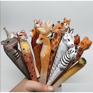 Stylos en bois sculpt￩ en bois de bois sauvage animaux de gel en gel papeterie peint ￠ la main