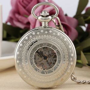 Gentleman Silver / Bronze Hollow Mechanical Pocket Watch Men Men d'anniversaire cadeaux Vintage Pendant FOB Chaîne de poche Horloge mâle 240416