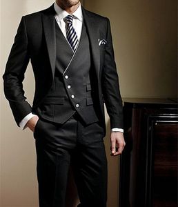 Caballeros Esmoquin negro Trajes de boda en espiga para hombres Estilo británico por encargo Traje para hombre Slim fit Blazer (chaqueta + pantalón + chaleco)