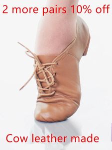 Zapatos de baile de jazz Oxford con cordones de cuero de vaca genuino, suela dividida, lazo negro tostado, calzado para niño y niña, Ballet moderno contemporáneo 240119