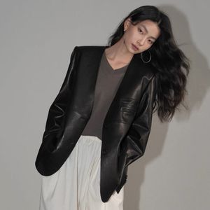 Chaqueta Blazer de cuero genuino para mujer, abrigos con cuello en V, Tops informales, prendas de vestir exteriores para primavera y otoño, ropa femenina negra S M L