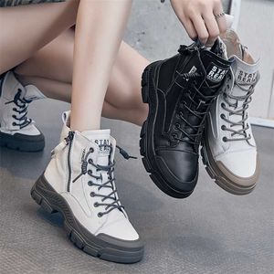 Botas de cuero genuino para mujer Tacones Tobillo Mujer Zapatos gruesos Mujer Pisos Plataforma Suela de goma para mujer 211105 GAI