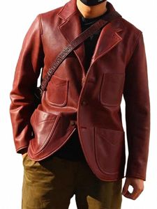 Veste de costume décontractée en cuir véritable hommes simple boutonnage design vintage slim fit revers vin rouge huile cire peau de vache blazers manteau mâle g6uv #