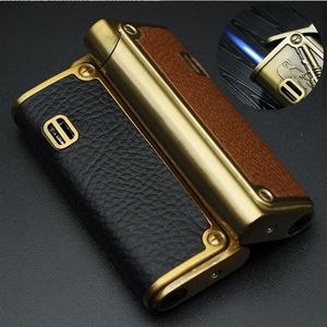 Genuine Leather Cigar Punch Lighter Refillable Windproof Gentlemen Jet Flame Cigarette Torch Embossed Windproof Lighter