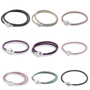 Echte sterling zilveren S925 pandora sprankelende paren Qixi festival cadeau handtouw lederen touwarmband, geschikt voor alle Pandora bedelkralen