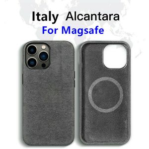 Coque sans fil magnétique en cuir suédé véritable pour iPhone 13 14 Pro Max Business Couverture arrière antidérapante