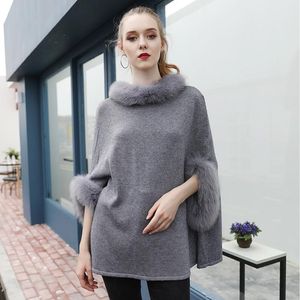 Suéteres de mujer Abrigo de poncho de capa de lana genuina Suéter de punto cálido de invierno con ribete de piel para mujer