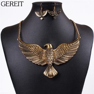 GEREIT Vintage or argent rempli grand oiseau aigle pendentif collier boucles d'oreilles pour les femmes Punk égyptien africain dubaï bijoux Set304A