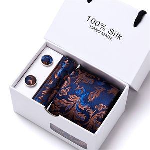 Gift box Office Men Classic Party Wedding striped 7.5cm Silk Floral Tie Necktie Handkerchief Set 220922