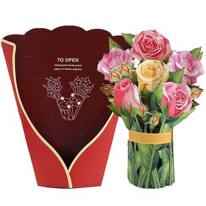 Tarjetas de regalo Tarjeta de ramo de flores 3D de 118 pulgadas Tarjeta de felicitación de ramo de flores emergente Tarjeta de regalo de felicitación de papel hecha a mano floral rosa Pop Up Z0310