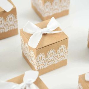 Enveloppe-cadeau 10 pièces de 5 cm en dentelle brune kraft en papier avec ruban artisanat artisanat carré biscuit bonbon emballage cadeau cadeau de mariage recountq240511