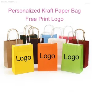 Regalos (100 piezas/lote) Logotipo impreso personalizado Bolsa de papel Kraft bolsas de compras reciclables para envases regalos de favores de boda