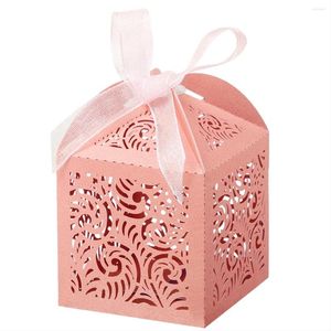 Regalos 100pcs cajas de favoritas láser 2x2 pulgadas para regalos favores de boda de fiesta con cinta rosa