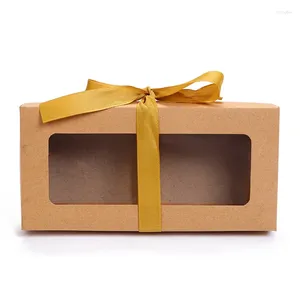 Cadeau cadeau 100pcs / lot boîte de papier kraft brun avec fenêtre ruban de soie emballage carton carton