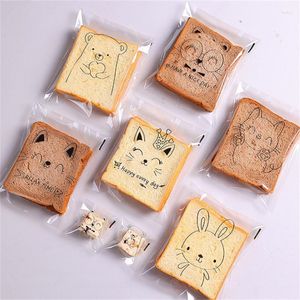 Emballage cadeau 100pcs transparent auto-adhésif dessin animé animal imprimé pain biscuit biscuit cuit en tranches sacs d'emballage de pain grillé