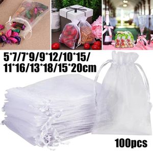 Envoltura de regalo 100 unids Bolsas de organza blancas Favor de fiesta de boda Bolsas de dulces para embalaje de joyería