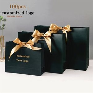 Envoltura de regalo 100x Bolsa de papel Cajas de regalo Empaquetado de productos básicos Bolso Personalizar con marco Compras Promoción Bolsas Regalos de boda Envoltura 220913