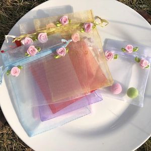 Papel de regalo 10 unids/set bolsas de malla de caramelo coloridas con flores bolsas de Organza de tamaño múltiple almacenamiento para embalaje de exhibición de pendientes de joyería
