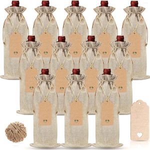Envoltura de regalo 12pcs/set bolsas y etiquetas de vinos de arpillera reutilizables con cordones de cumpleaños Fiesta de cumpleaños de la boda