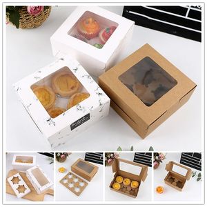 Papel de regalo 1 Uds. Cajas para pasteles 2/4/6 caja de embalaje de taza de cavidad con ventana transparente Muffin contenedor de papel Kraft titular de la magdalena