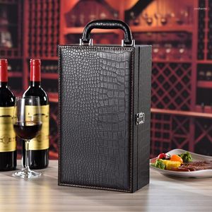 Enveloppe-cadeau 1pcs Lizard / Crocodile Lignes d'emballage de vin Boîte double bouteille en cuir Boîtes générales Rectangle Handle de fête Hand Fave