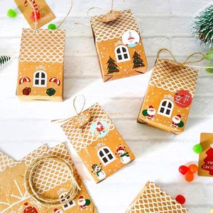 Papel de regalo 24 Sets Casa de Navidad Caja Papel Kraft Galletas Bolsa de dulces Etiquetas de copos de nieve 1-24 Calendario de Adviento Pegatinas Cuerda de yute