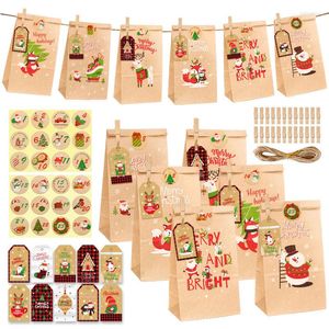 Envoltura de regalo 24Sets Bolsa de regalos de papel Kraft de Navidad Galletas de caramelo de copo de nieve de Santa con etiqueta adhesiva para decoración de Adviento de Navidad