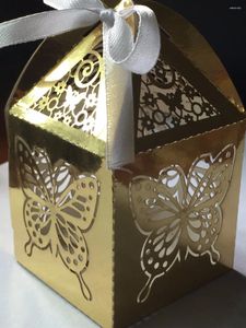 Envoltura de regalo 300 unids Mariposa Papel metálico Cajas de embalaje de chocolate dorado con cinta Corte láser Caja de favor de boda Caramelo