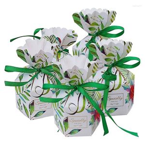 Cadeau cadeau 50 pcs motif de feuilles boîtes de bonbons en forme de vase de mariage faveur de fête d'anniversaire avec décoration de ruban vert (feuilles vertes)