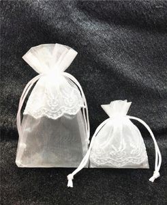 Papier Cadeau 50pcs Mignon Blanc Organza Sac Rose Or Vague Dentelle Cordon Pour Bijoux Emballage De Noce De Noël 8x10 10x17cm