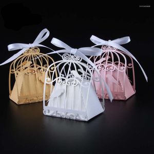 Emballage cadeau 50pcs découpé au laser cage à oiseaux boîtes de faveur de mariage oiseaux d'amour boîte à bonbons faveurs de douche de bébé avec ruban fournitures de fête d'anniversaire