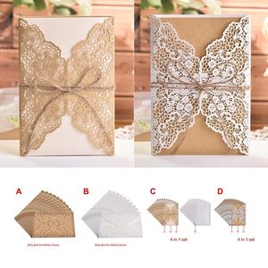 Emballage cadeau 5 pc carte d'invitation de mariage papier Kraft riz or Laser creux voeux dentelle enveloppe emballage sac