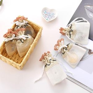 Emballage cadeau 6 pièces 10x14 cm Beige vague dentelle bijoux sacs blanc cordon Organza emballage sac fête de mariage